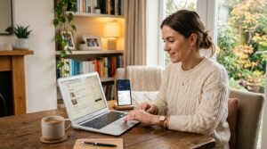 Pessoa usando laptop e celular em mesa de madeira com café ao lado
