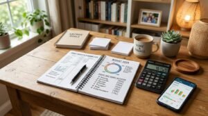 Como configurar depósitos automáticos por percentual do salário na sua conta digital 2 Mesa de madeira com cadernos de planejamento financeiro, calculadora, celular exibindo gráficos e uma xícara de café ao lado de plantas