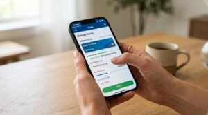  Pessoa segurando smartphone com aplicativo de banco para gerenciar cartões virtuais sobre mesa de madeira
