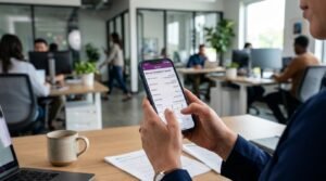 Como configurar depósitos automáticos por percentual do salário na sua conta digital 3 Pessoa usando aplicativo de banco no celular enquanto outras trabalham em escritório ao fundo