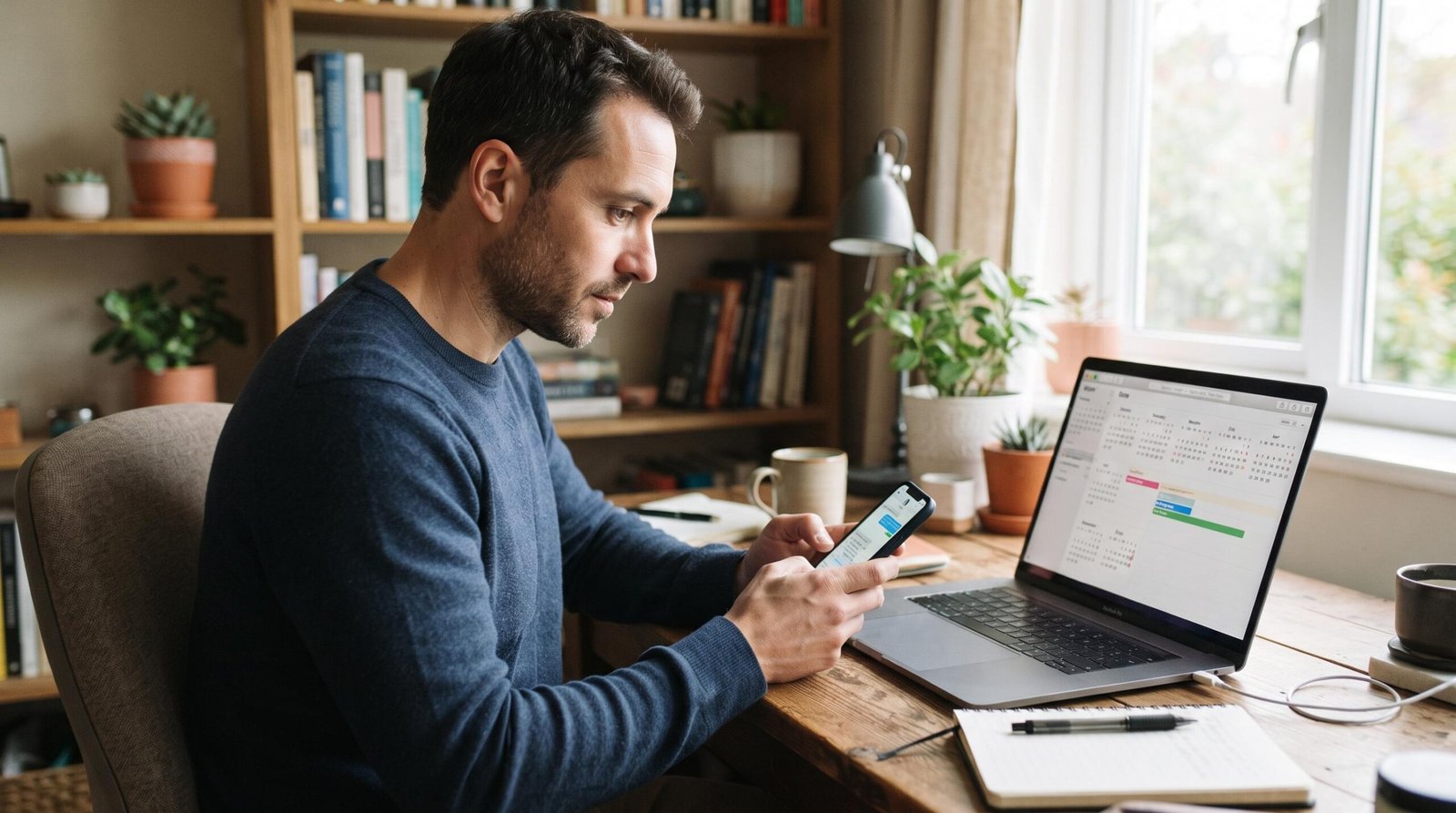 Pessoa usando celular e laptop em mesa de madeira com plantas e estante ao fundo
