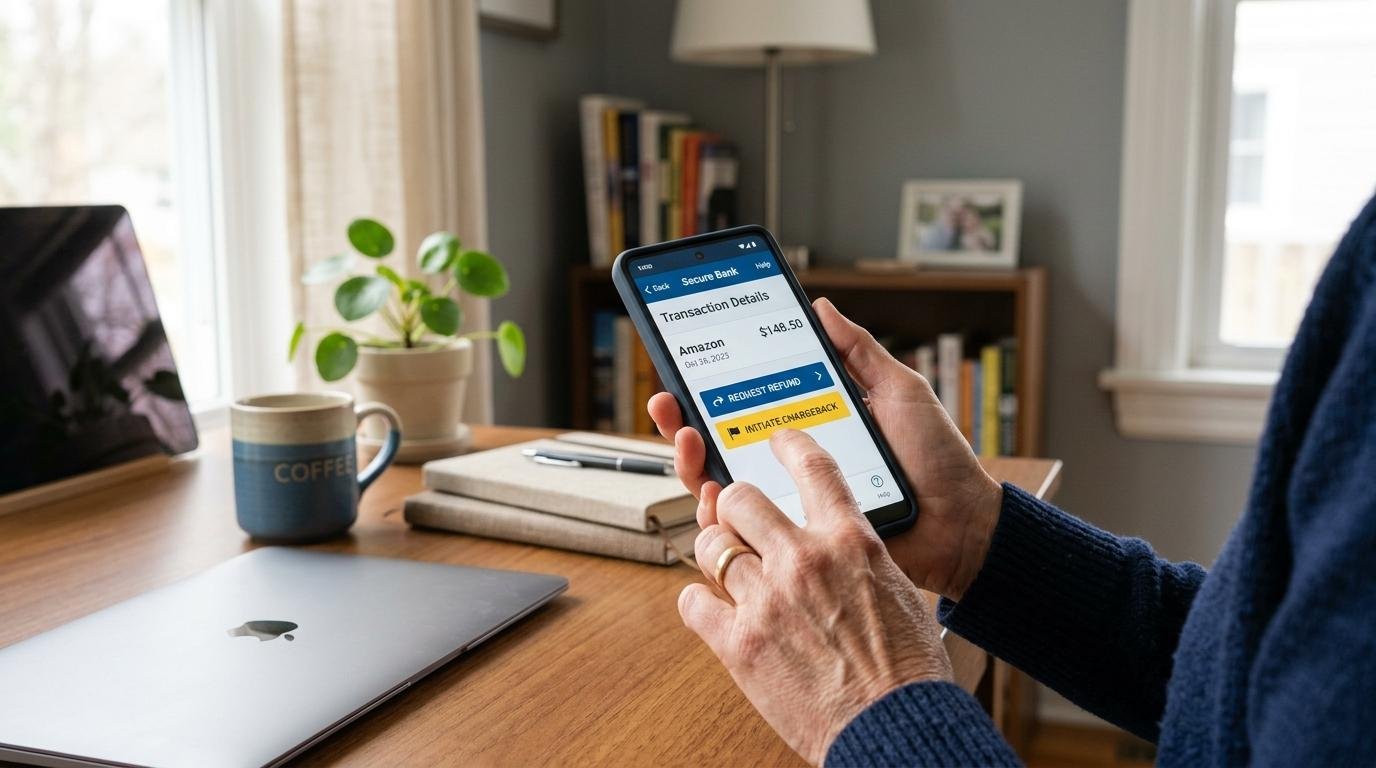 Mãos de uma pessoa adulta navegam por um aplicativo bancário em smartphone, com a tela mostrando opções de devolução e estorno de valores

