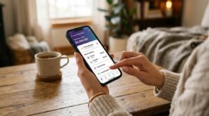 Mãos de uma pessoa interagindo com um smartphone enquanto visualiza a tela de cartões de um aplicativo bancário digital
