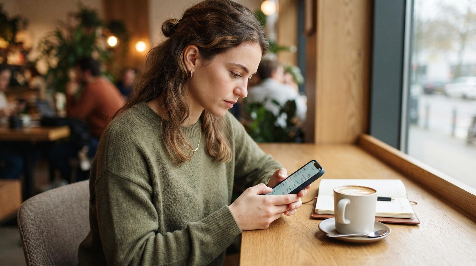 Uma mulher jovem analisa com atenção o extrato bancário em seu smartphone, sentada em uma mesa moderna com uma xícara de café ao lado
